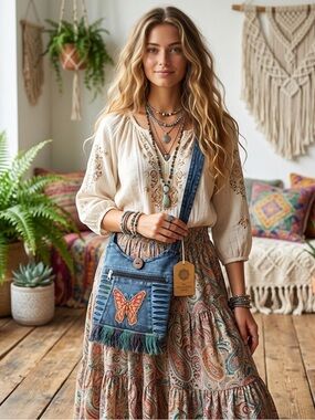 The Collection Cotton Boho Fringe Embroidered Butterfly Crossbody Bag Denim Blue
